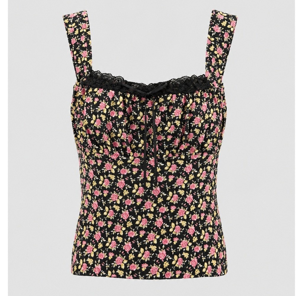 Vintage Purple Heart Floral Lace Trim Crop Tank Top Y2K Cottagecore Women's S